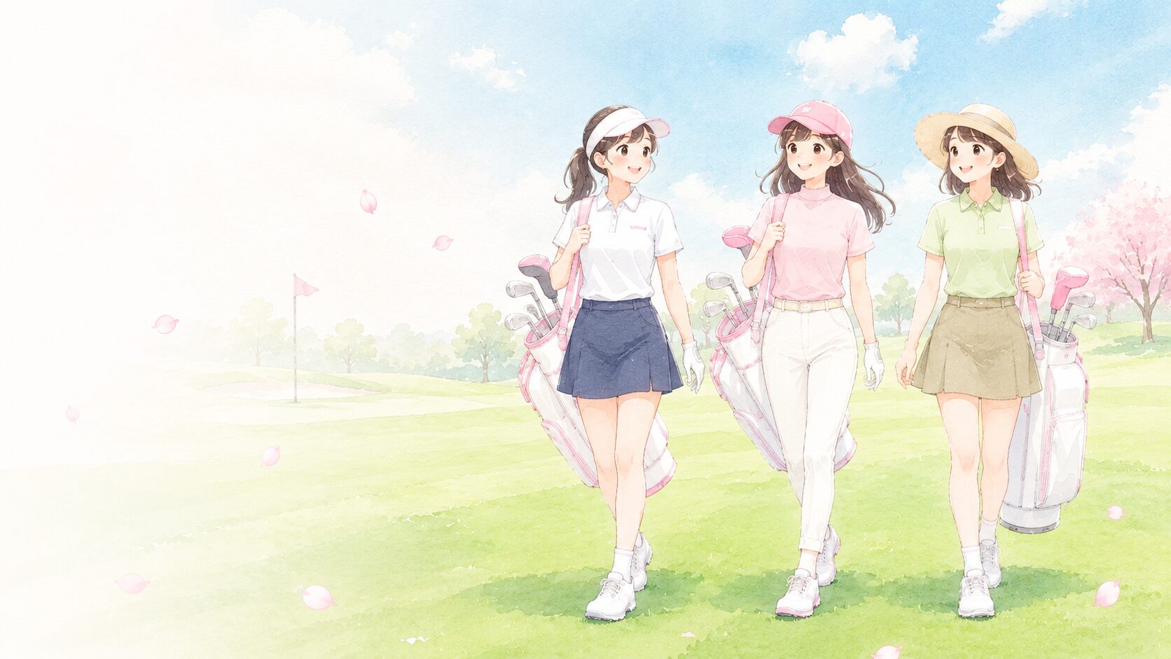 コースで正しいゴルフウェアの女性3人(襟付き+スカパン+ゴルフシューズ)