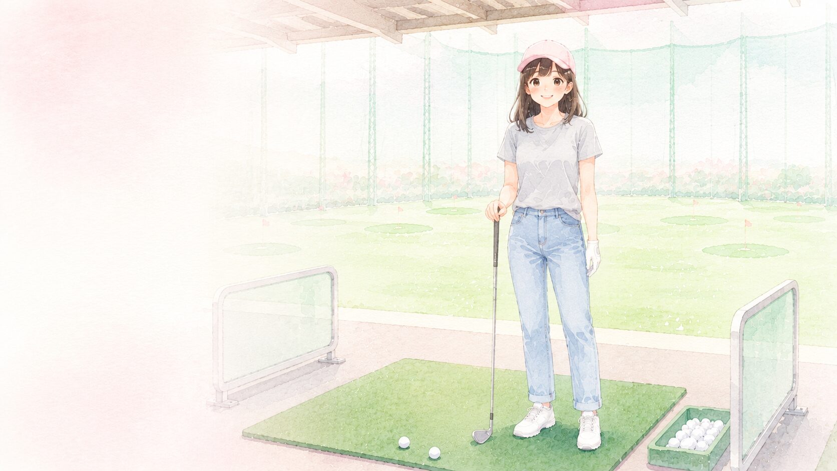 打ちっぱなし練習場のカジュアルな服装の女性(Tシャツ+ジーンズ+スニーカー)