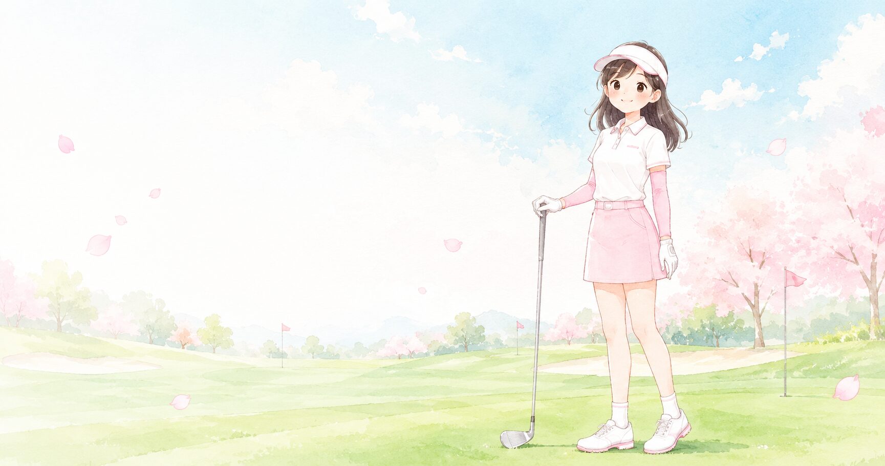 白の襟付きポロシャツとピンクのスカパンを着たゴルフ女子・春のゴルフコース
