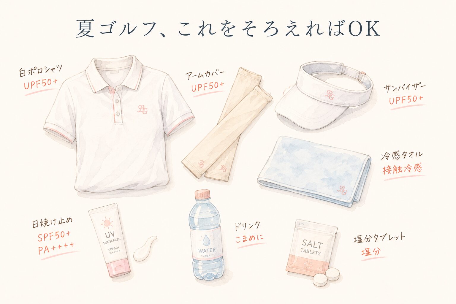 夏ゴルフでそろえる日焼け・暑さ対策アイテム一覧