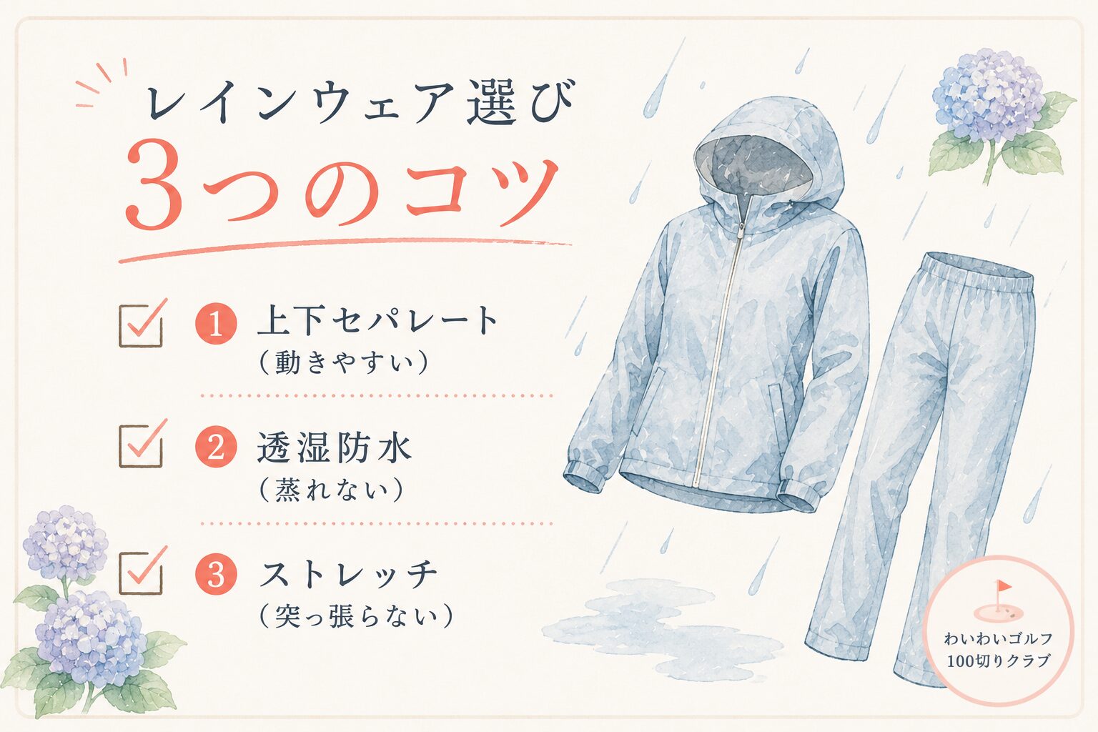 女性向けレインウェアの選び方3つのポイント(上下セパレート・透湿防水・ストレッチ)を示したイラスト