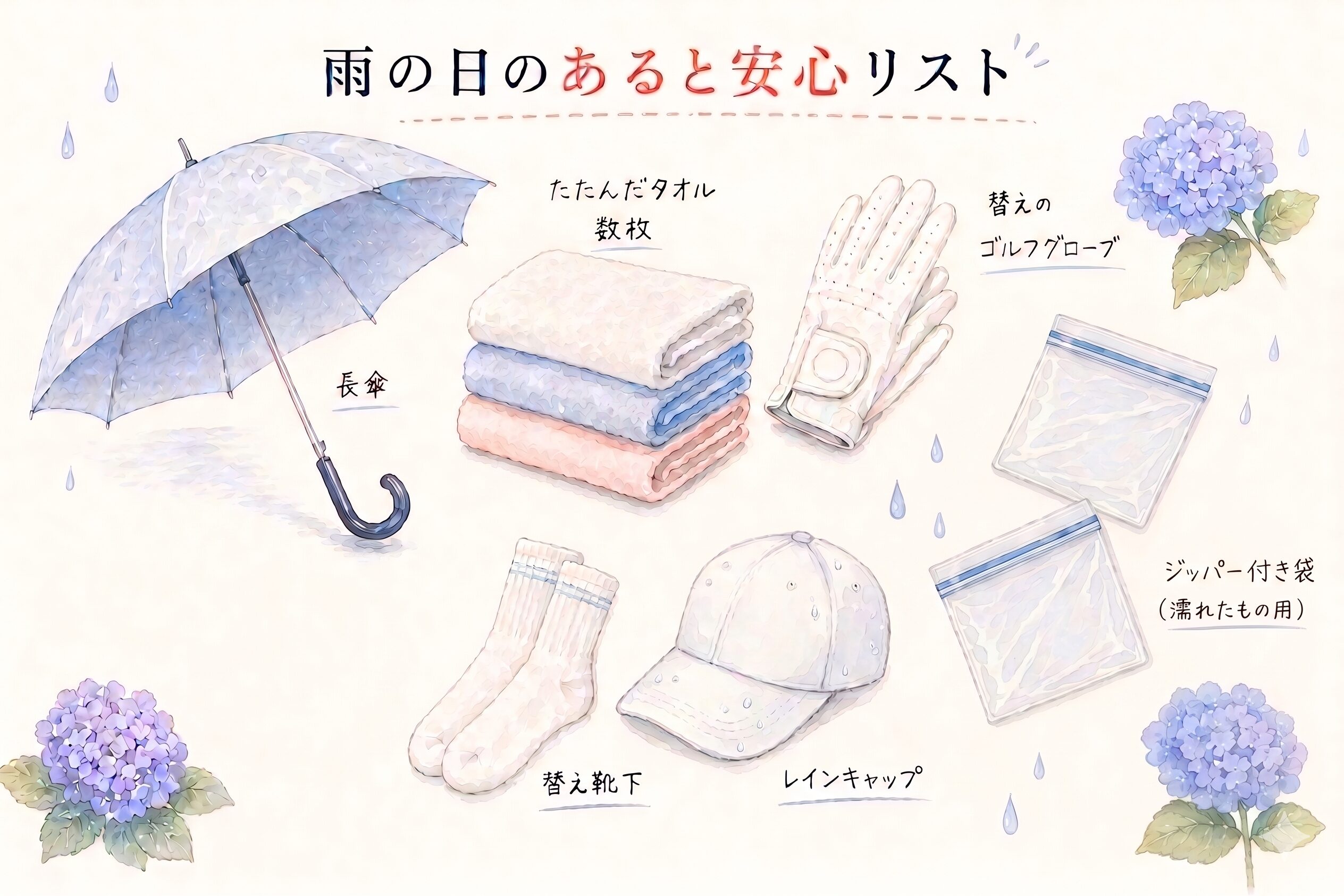 雨の日のゴルフであると安心な持ち物(長傘・タオル・替えグローブ・替え靴下・レインキャップ・ジッパー付き袋)のイラスト