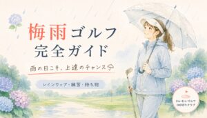 雨のゴルフ場でレインウェアを着て傘を持つ女性ゴルファーのイラスト。梅雨ゴルフ完全ガイドのアイキャッチ
