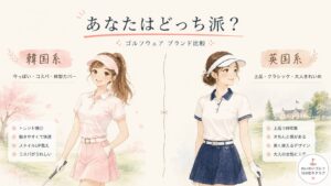 ゴルフウェアのブランド比較イラスト。左に韓国系の女性ゴルファー、右に英国系の女性ゴルファー、中央に「あなたはどっち派?」のコピー