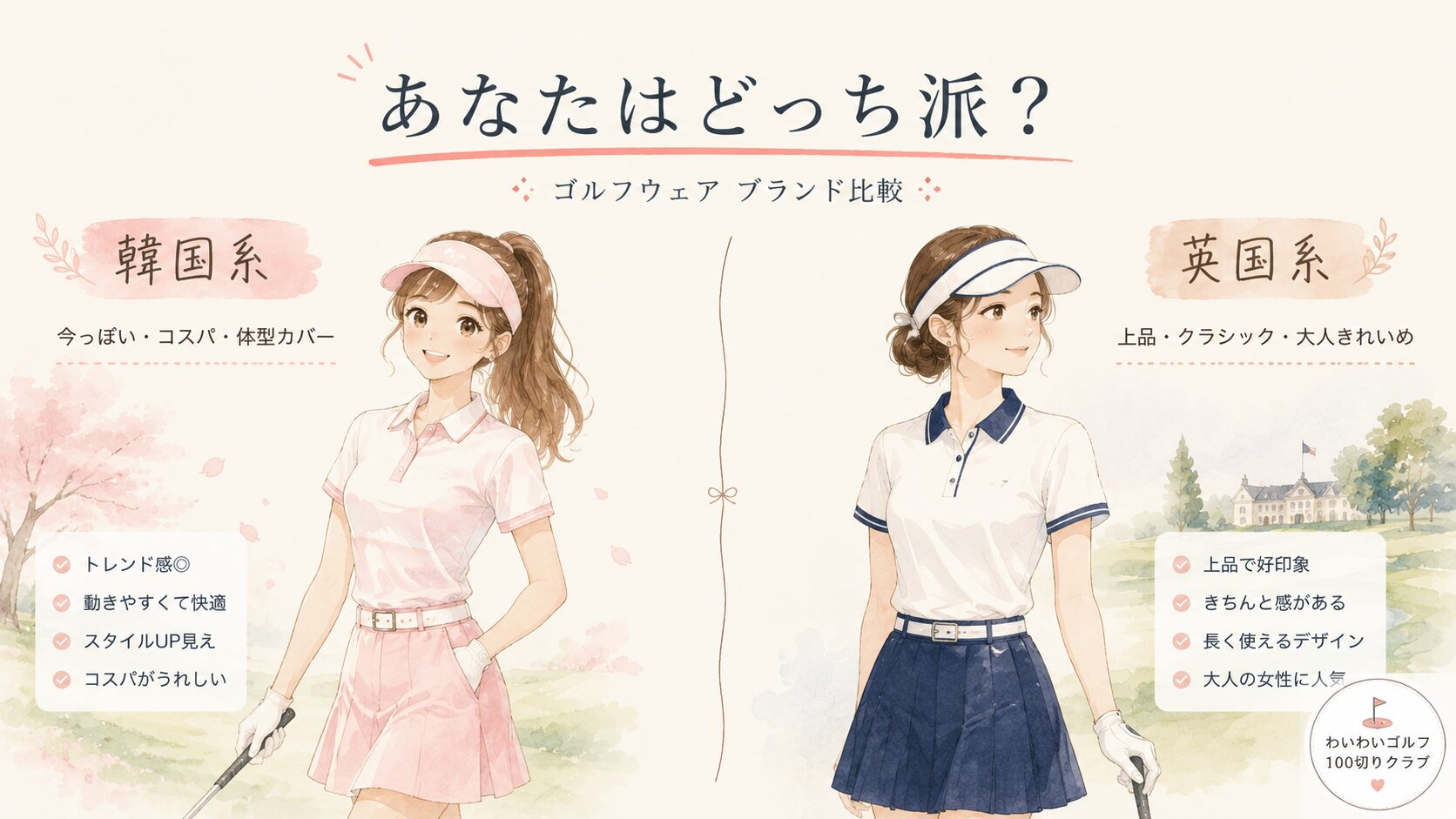 ゴルフウェアのブランド比較イラスト。左に韓国系の女性ゴルファー、右に英国系の女性ゴルファー、中央に「あなたはどっち派？」のコピー