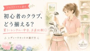 ゴルフ初心者のクラブの揃え方のイラスト。女性がレディースのクラブセットを選んでいる様子