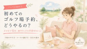 初めてのゴルフ場予約のイラスト。女性がソファでスマホからゴルフ場を予約している様子