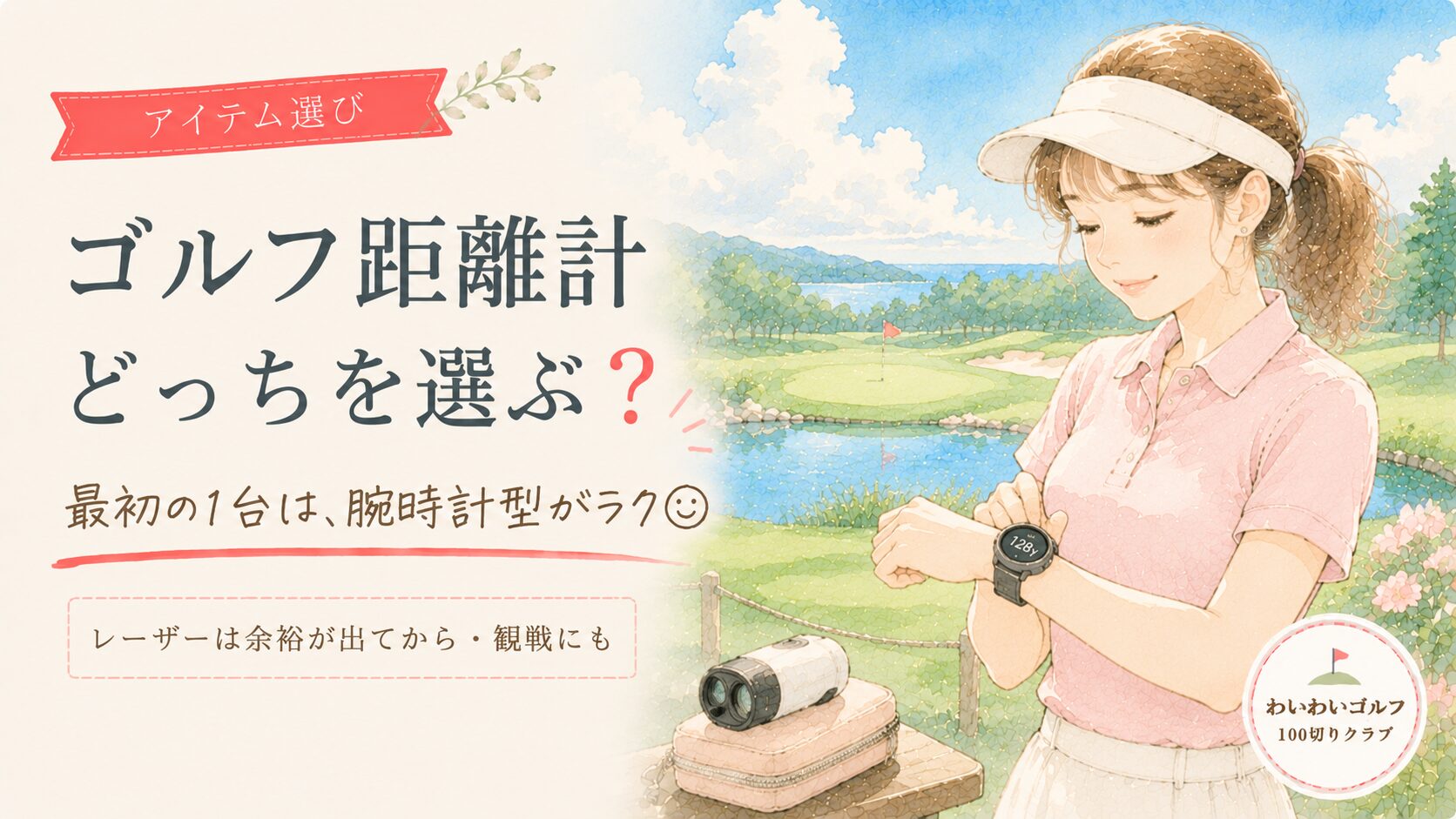 ゴルフ距離計の選び方のイラスト。GPSゴルフウォッチを見る女性と、サブのレーザー距離計。最初の1台は腕時計型がラク