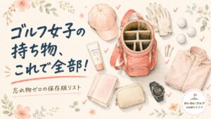 開いたキャディバッグとゴルフの持ち物（キャップ・グローブ・ボール・レインウェア・距離計など）を真上から並べた水彩イラスト。ゴルフ女子の持ち物、これで全部！忘れ物ゼロの保存版リスト