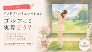 インドア・シミュレーションゴルフのイラスト。女性が室内の大型スクリーンに向かってスイングしている様子