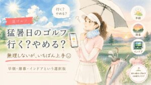 猛暑日のゴルフを行くかやめるか考える女性のイラスト。スマホの天気予報を見ながら氷のうで首を冷やしている