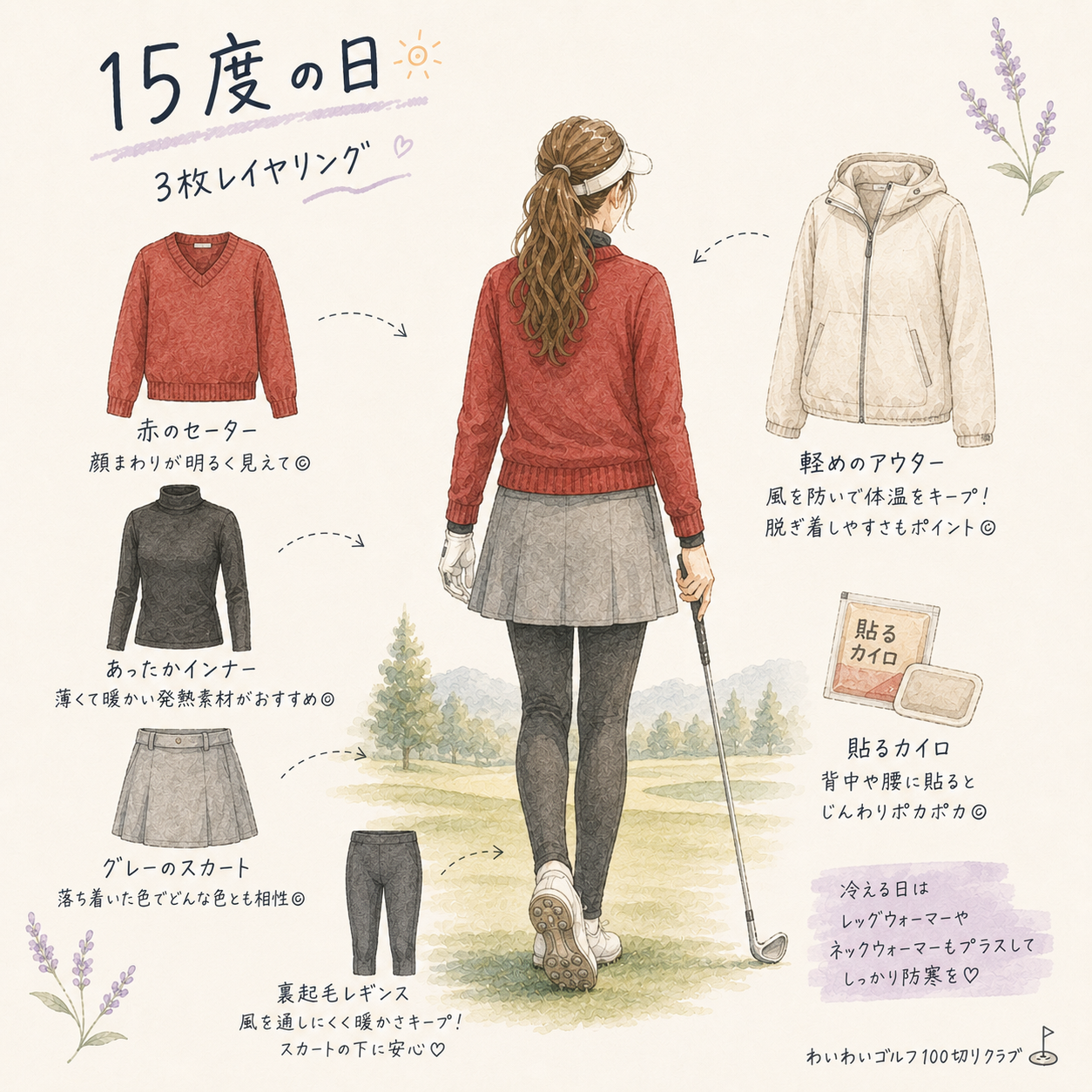 15度の日の秋ゴルフコーデ例（3枚レイヤリング＋裏起毛レギンス＋カイロ）