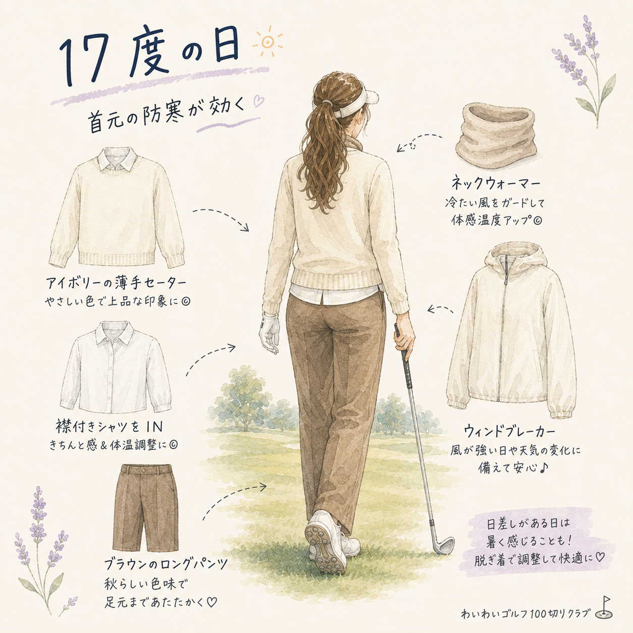 17度の日の秋ゴルフコーデ例（薄手セーター＋ネックウォーマー）
