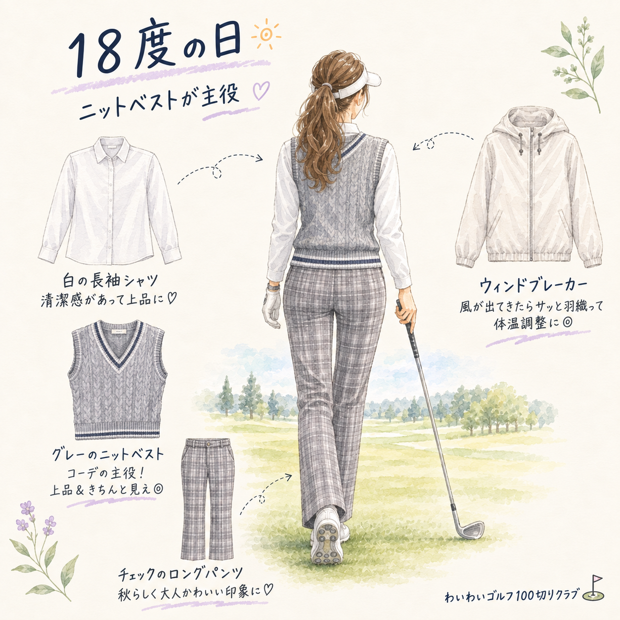 18度の日の秋ゴルフコーデ例（長袖シャツ＋ニットベスト＋ロングパンツ）