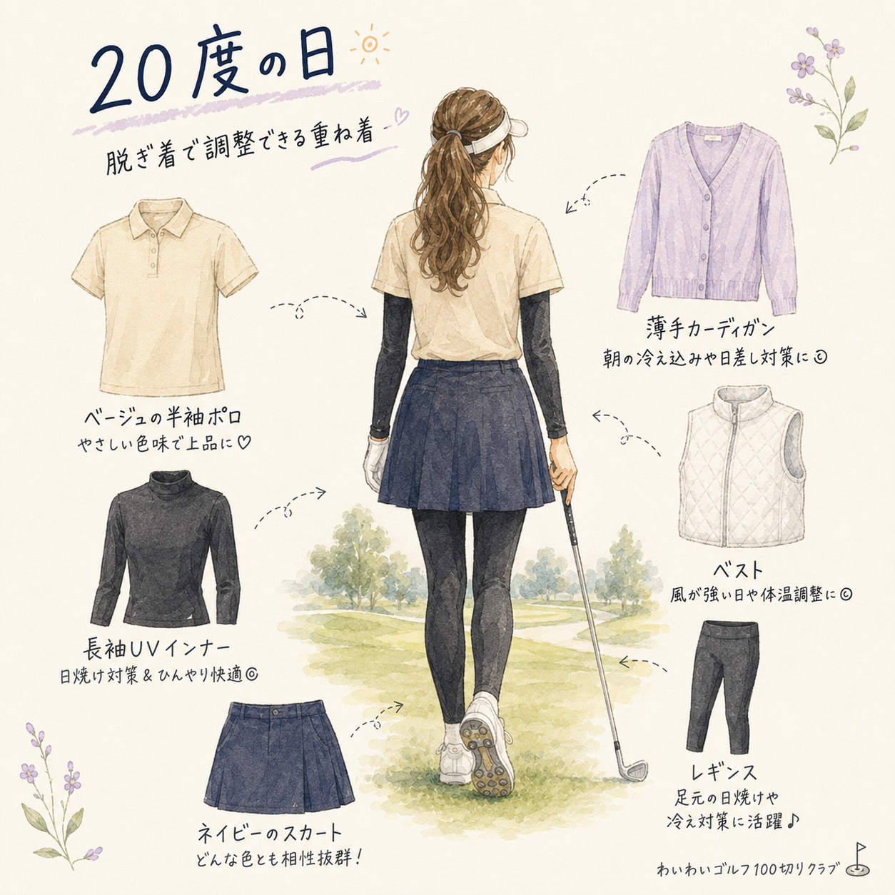 20度の日の秋ゴルフコーデ例（半袖ポロ＋長袖インナー＋スカート＋レギンス）