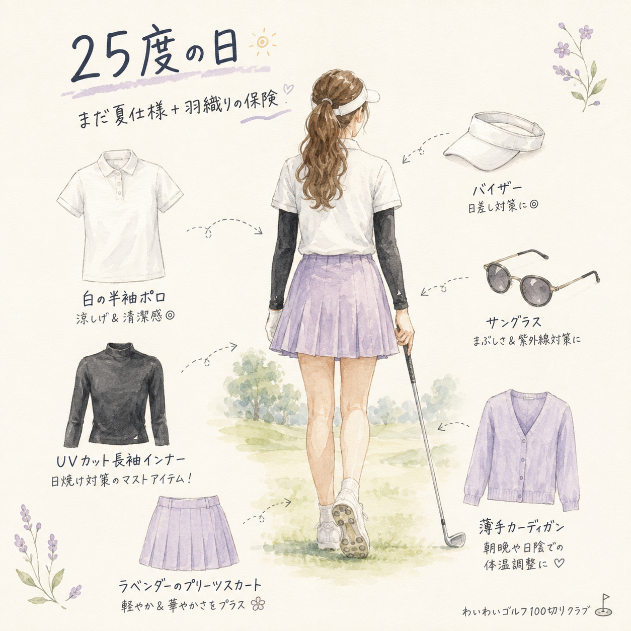 25度の日の秋ゴルフコーデ例（半袖ポロ＋UVインナー＋プリーツスカート）