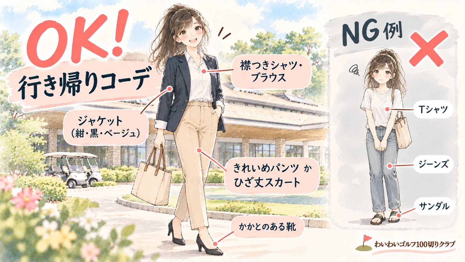 ゴルフコンペの行き帰りコーデ OK例(ジャケット・襟つきブラウス・きれいめパンツ・かかとのある靴)とNG例(Tシャツ・ジーンズ・サンダル)