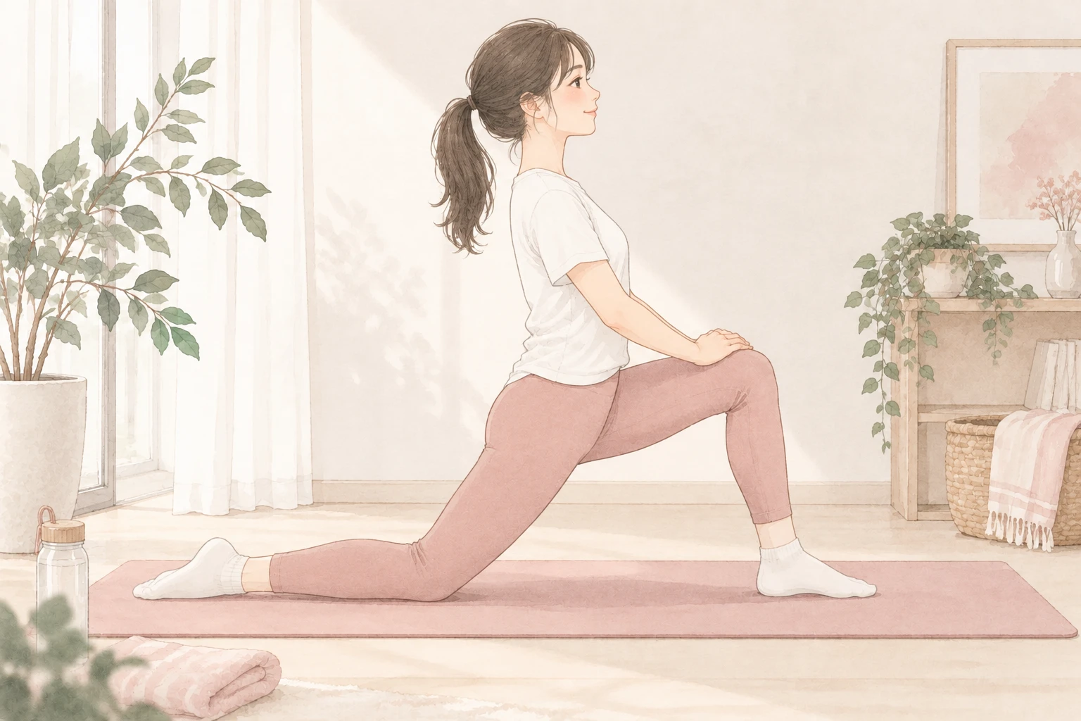 ②股関節の前のストレッチ(ひざ立ちランジ):片ひざを床につき、前の脚に体重を移す