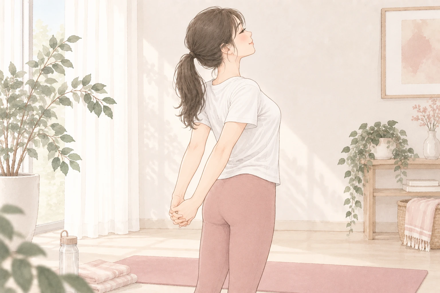 ④胸と肩甲骨のストレッチ:背中で手を組んで胸を開く