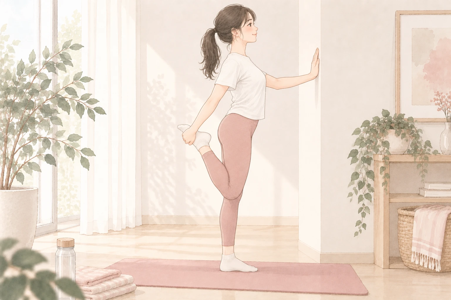 ⑤前もものストレッチ:壁に手をつき、足首を持ってかかとをお尻へ