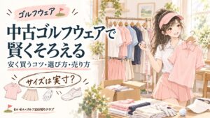 ハンガーラックの前でポロシャツを当ててサイズを確かめるりな