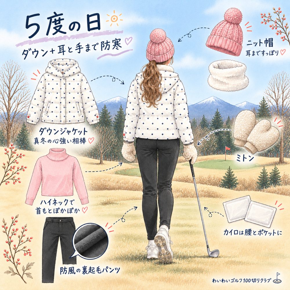 5度の日の冬ゴルフコーデ例(水玉のダウンジャケット+防風の裏起毛パンツ+ニット帽+ミトン)