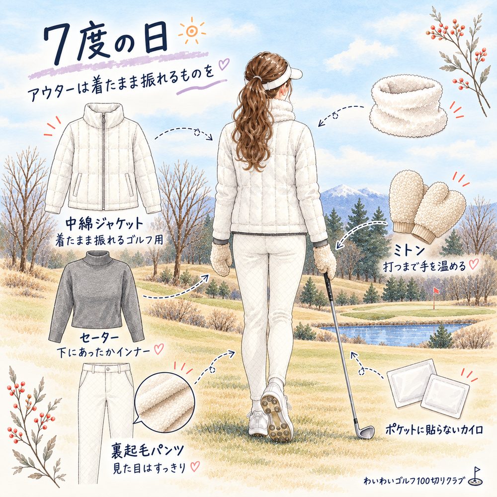 7度の日の冬ゴルフコーデ例(白の中綿ジャケット+白の裏起毛パンツ+ミトン)