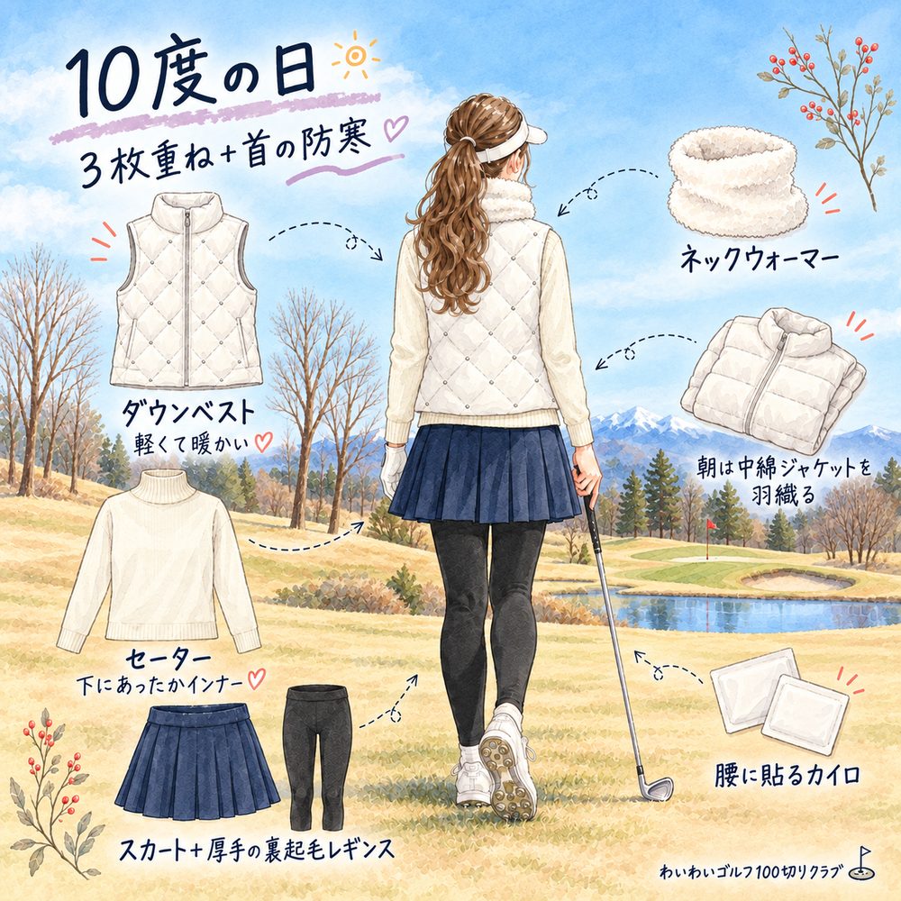 10度の日の冬ゴルフコーデ例(白のダウンベスト+ハイネックセーター+ネイビーのスカート+厚手の裏起毛レギンス)