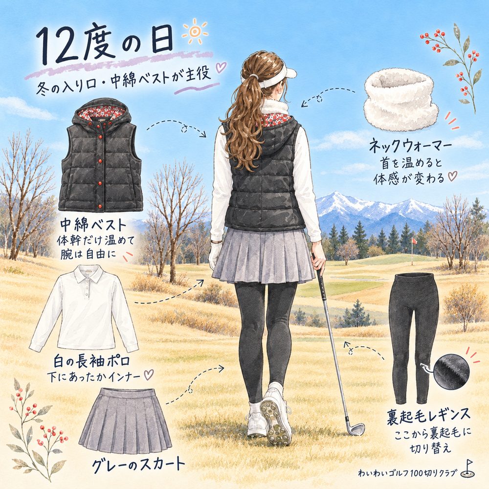 12度の日の冬ゴルフコーデ例(黒の中綿ベスト+白の長袖ポロ+グレーのスカート+裏起毛レギンス)