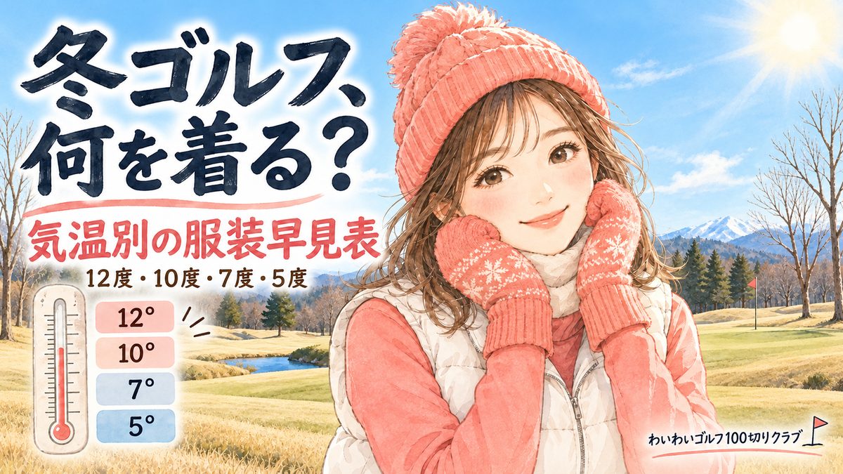 冬ゴルフの服装を気温別に紹介するアイキャッチ（12度・10度・7度・5度）